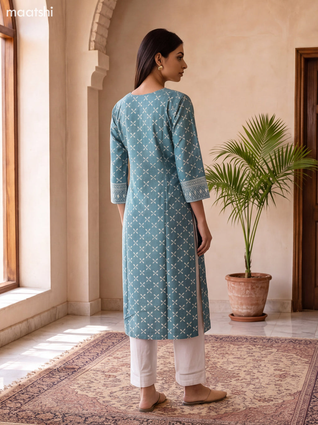 Teal Green and Off White Art Silk Printed & Embroidery Work Straight Suit