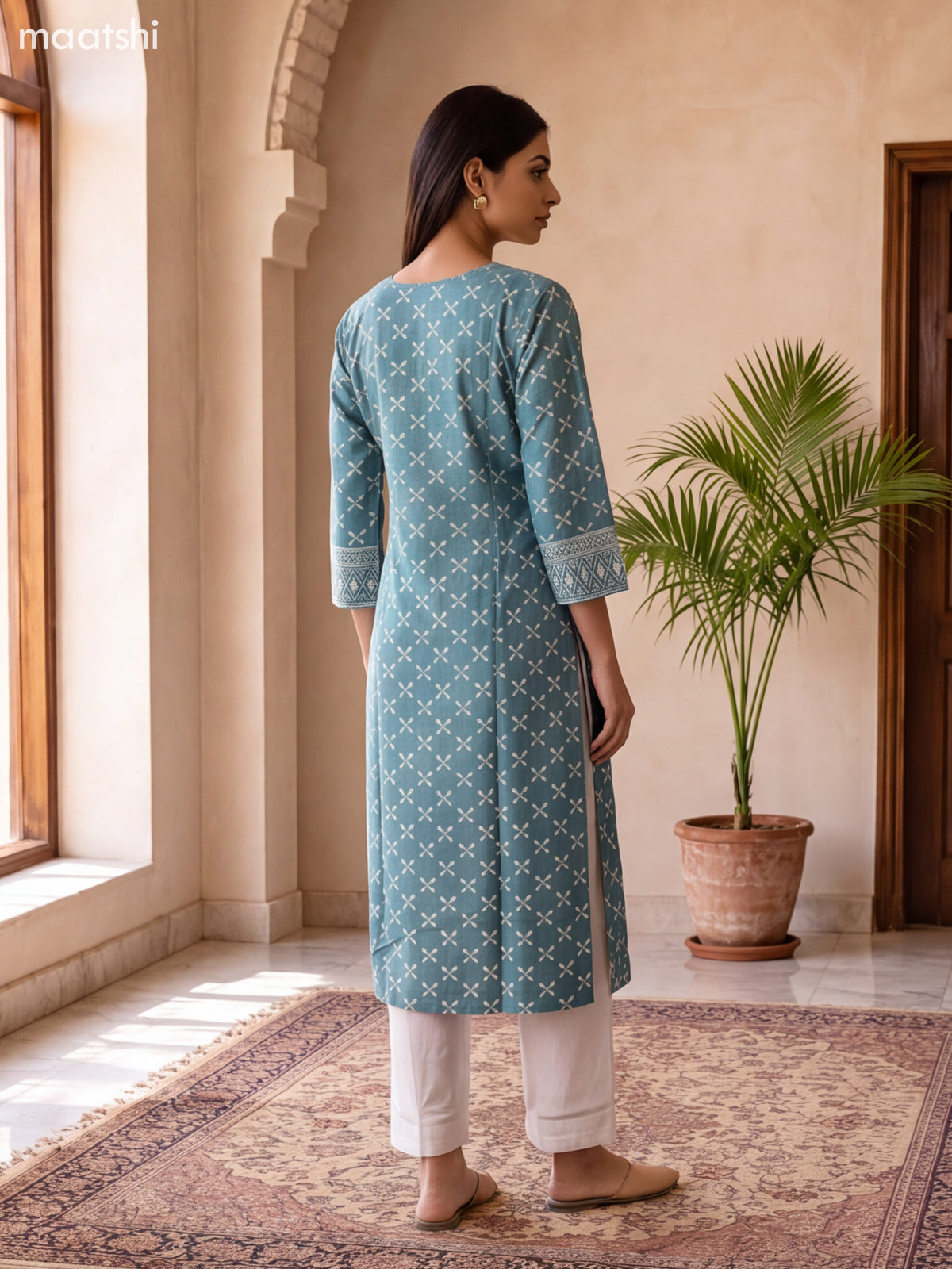 Teal Green and Off White Art Silk Printed & Embroidery Work Straight Suit