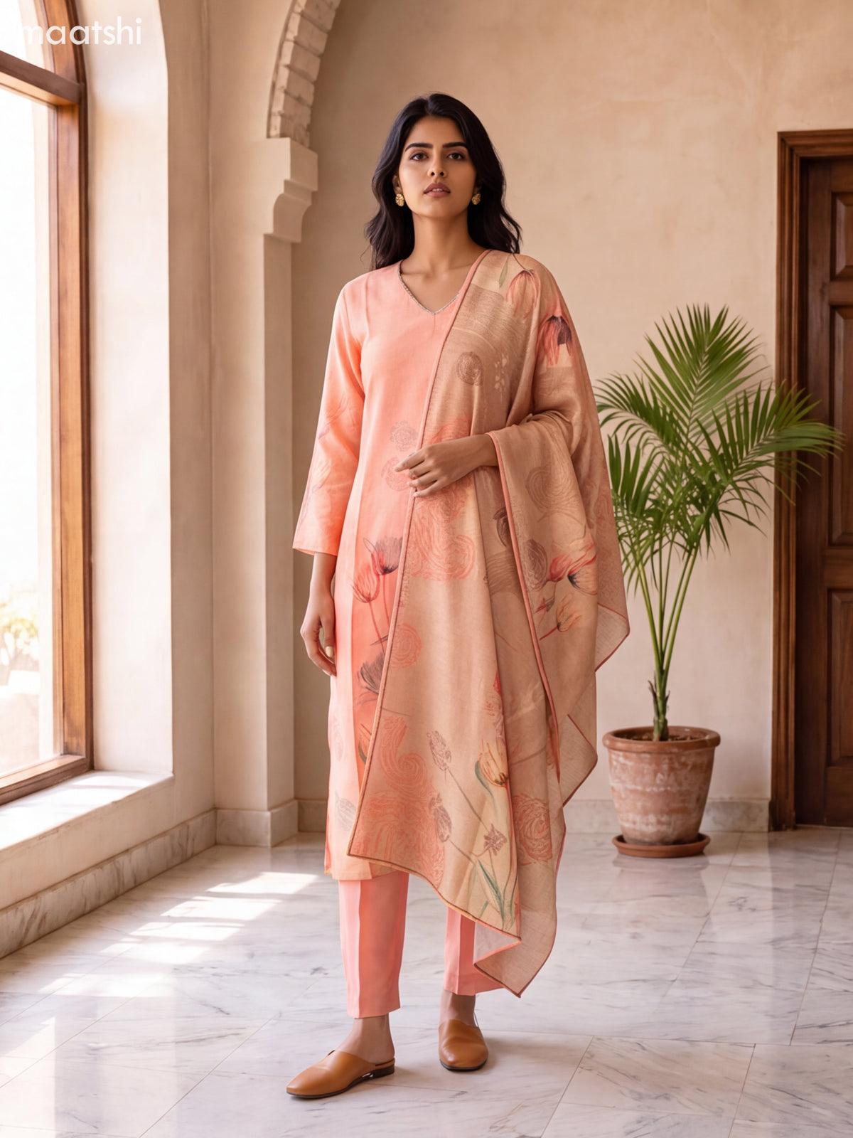 Peach and Biege Art Silk With Floral Prints & Simple Embroidery Work Straight Suit
