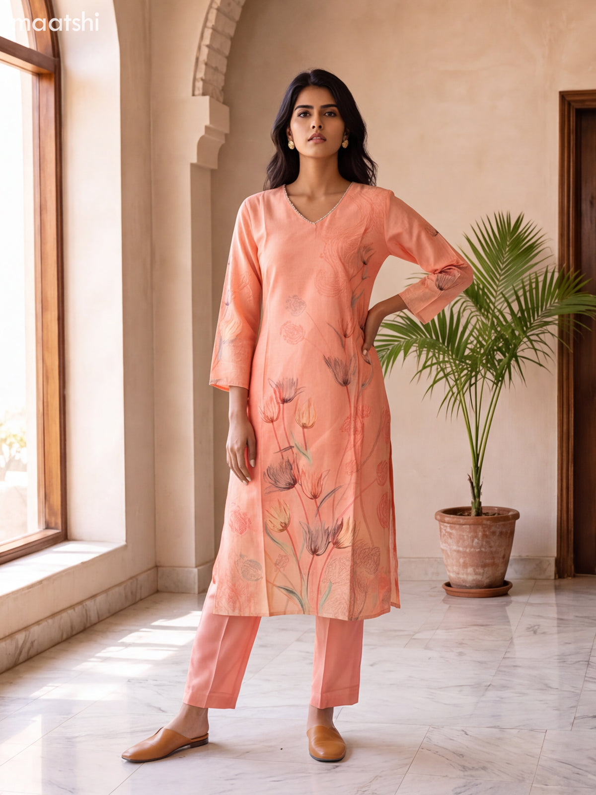 Peach and Biege Art Silk With Floral Prints & Simple Embroidery Work Straight Suit