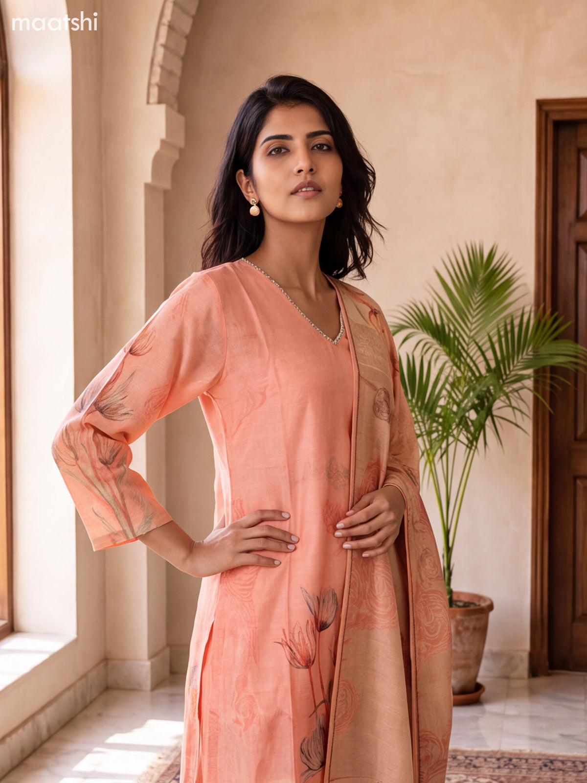 Peach and Biege Art Silk With Floral Prints & Simple Embroidery Work Straight Suit