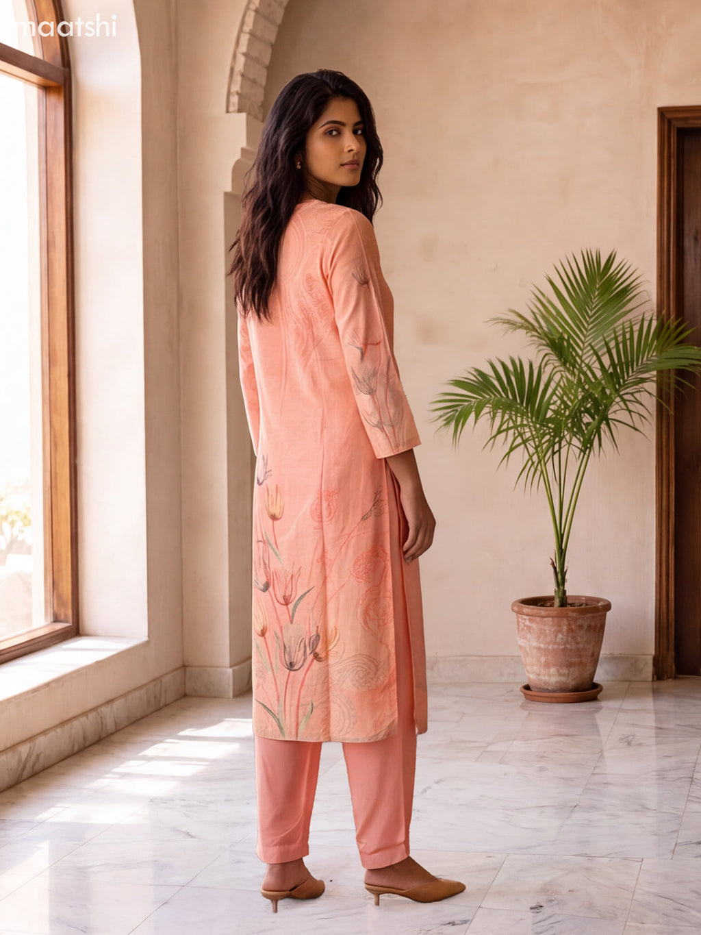Peach and Biege Art Silk With Floral Prints & Simple Embroidery Work Straight Suit
