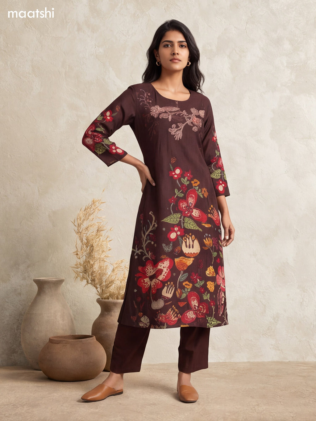 Coffee Brown and Muslin Floral Prints & Embroidery Work Long Kurti Set