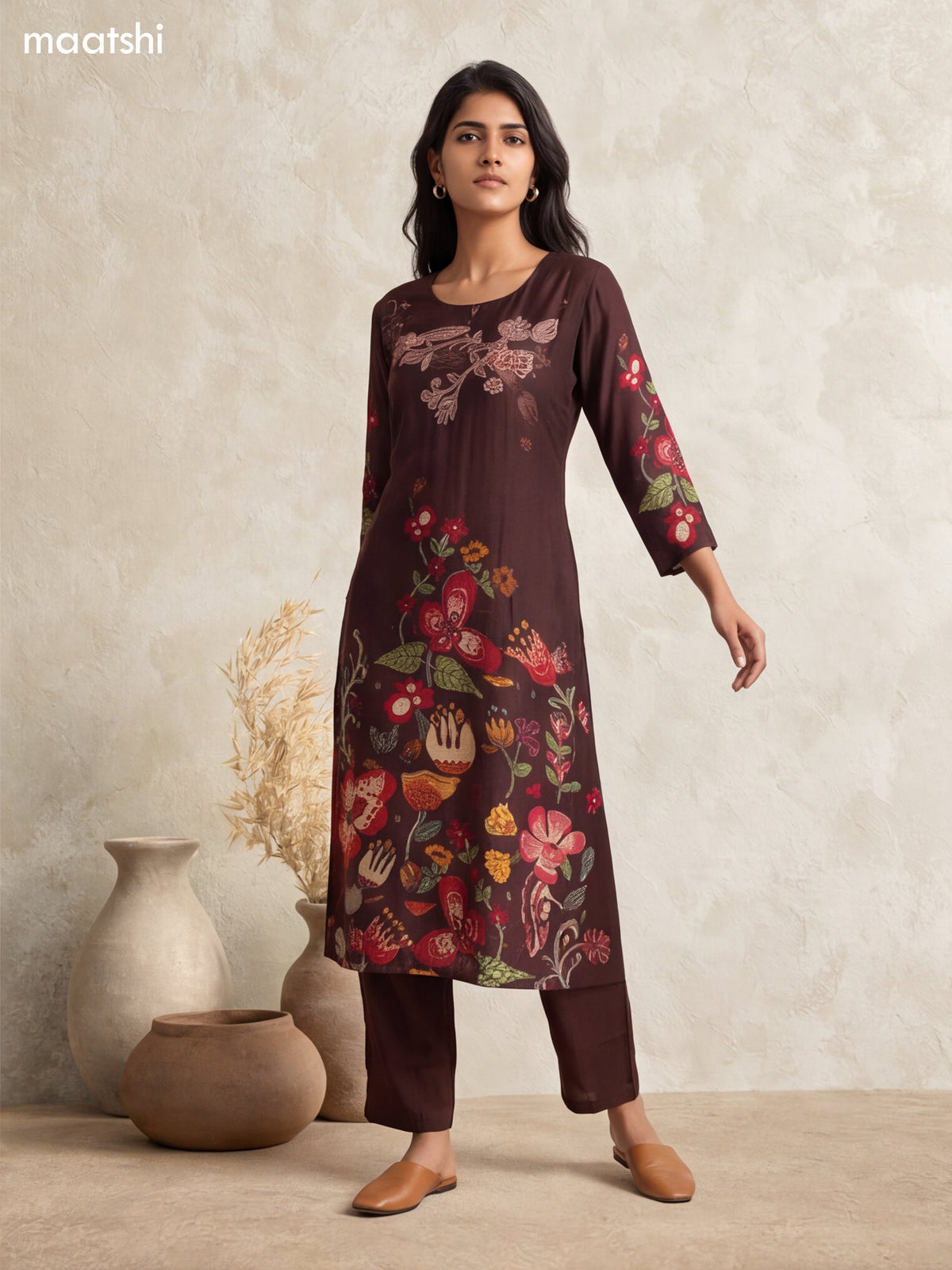 Coffee Brown and Muslin Floral Prints & Embroidery Work Long Kurti Set