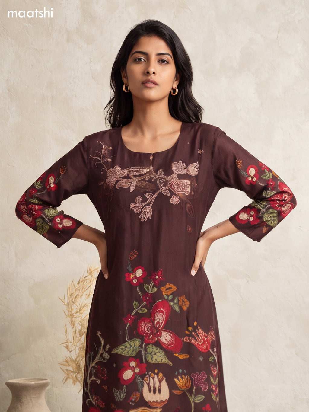 Coffee Brown and Muslin Floral Prints & Embroidery Work Long Kurti Set