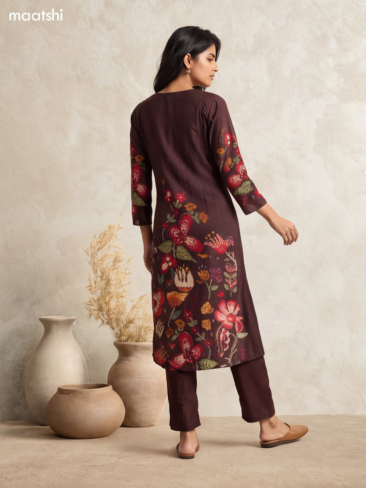Coffee Brown and Muslin Floral Prints & Embroidery Work Long Kurti Set