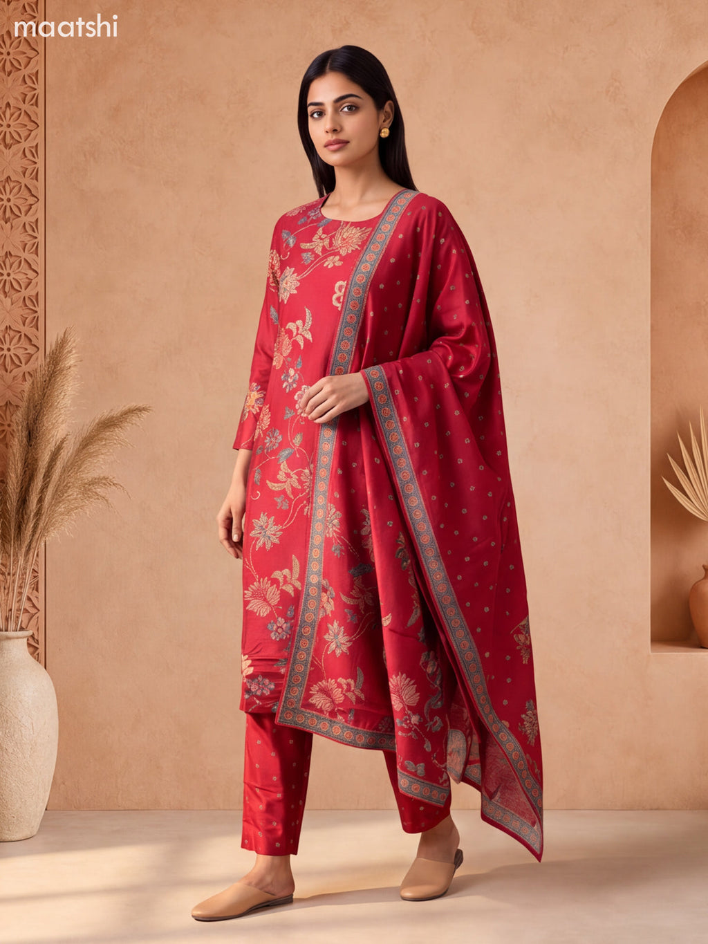 Maroon Muslin Allover Floral Prints & Embroidery Work Straight Suit