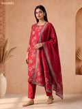 Maroon Muslin Allover Floral Prints & Embroidery Work Straight Suit