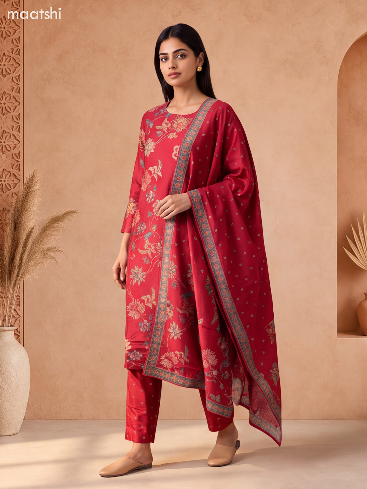 Maroon Muslin Allover Floral Prints & Embroidery Work Straight Suit