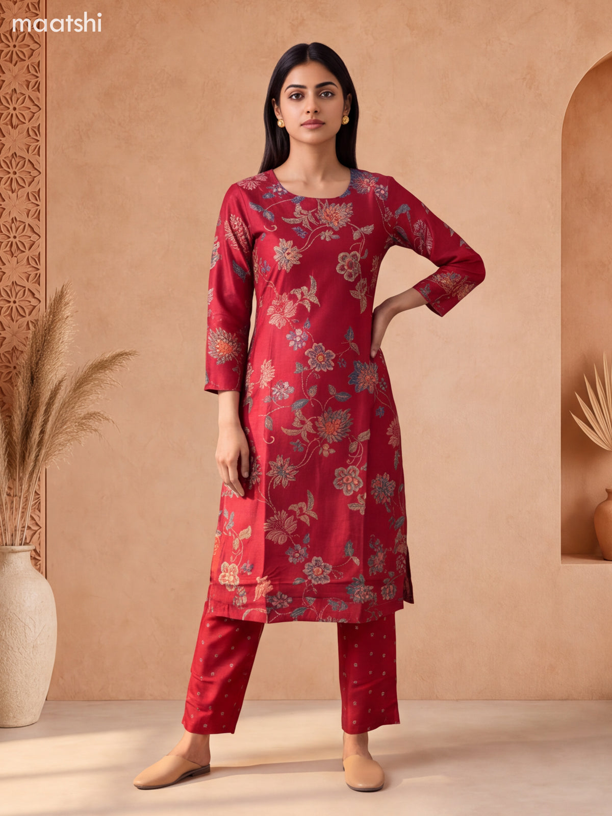 Maroon Muslin Allover Floral Prints & Embroidery Work Straight Suit