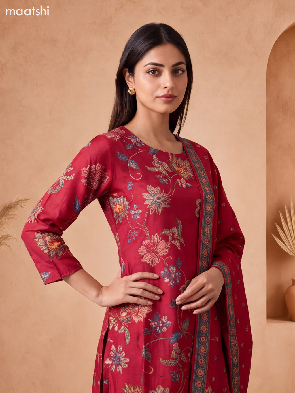 Maroon Muslin Allover Floral Prints & Embroidery Work Straight Suit