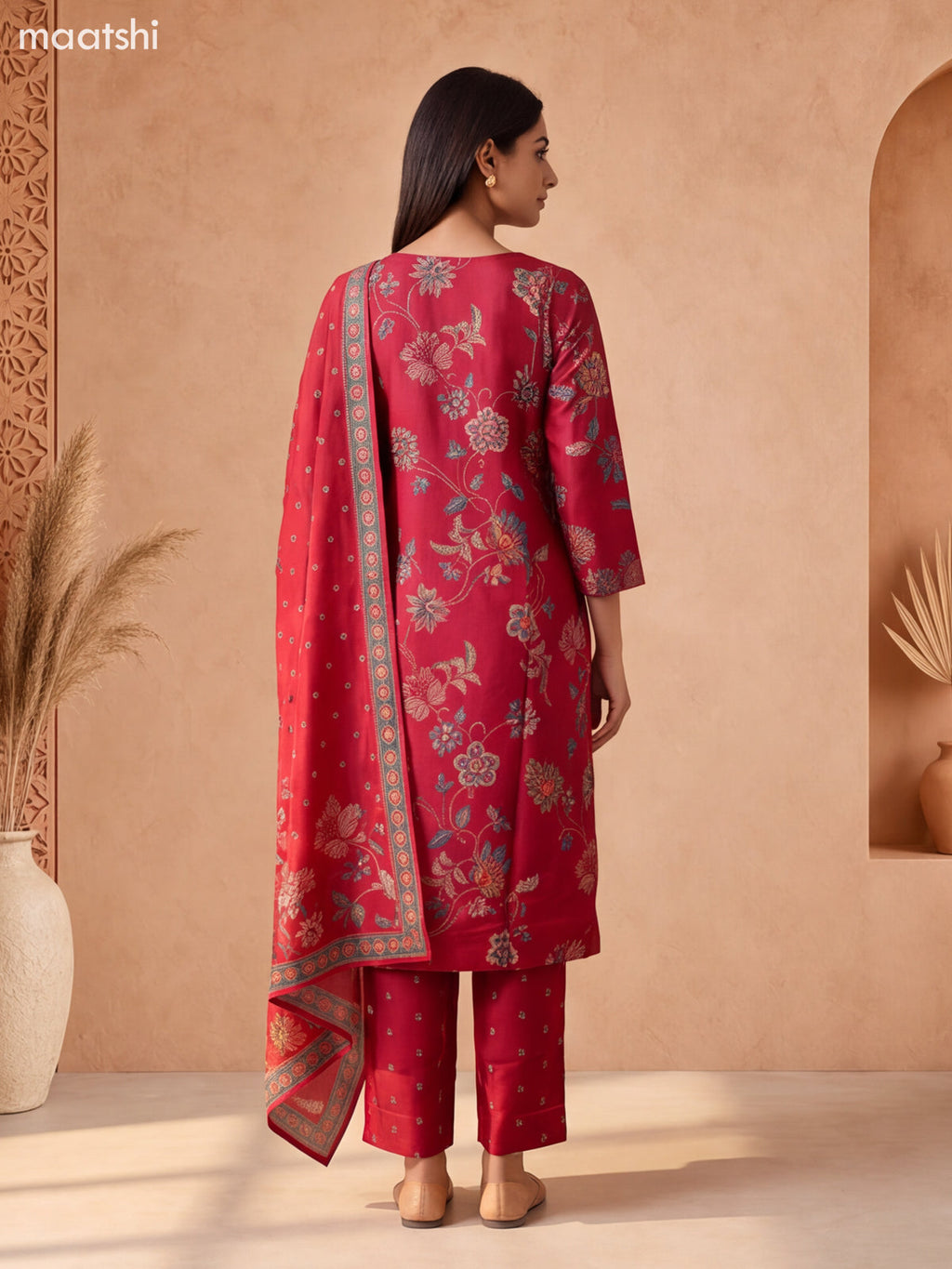 Maroon Muslin Allover Floral Prints & Embroidery Work Straight Suit
