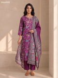 Purple Muslin Allover Floral Prints & Embroidery Work Straight Suit