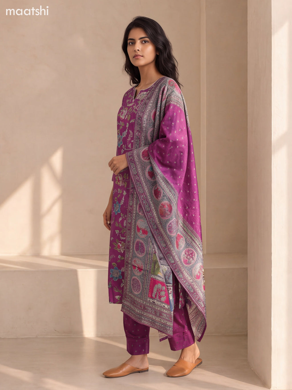 Purple Muslin Allover Floral Prints & Embroidery Work Straight Suit