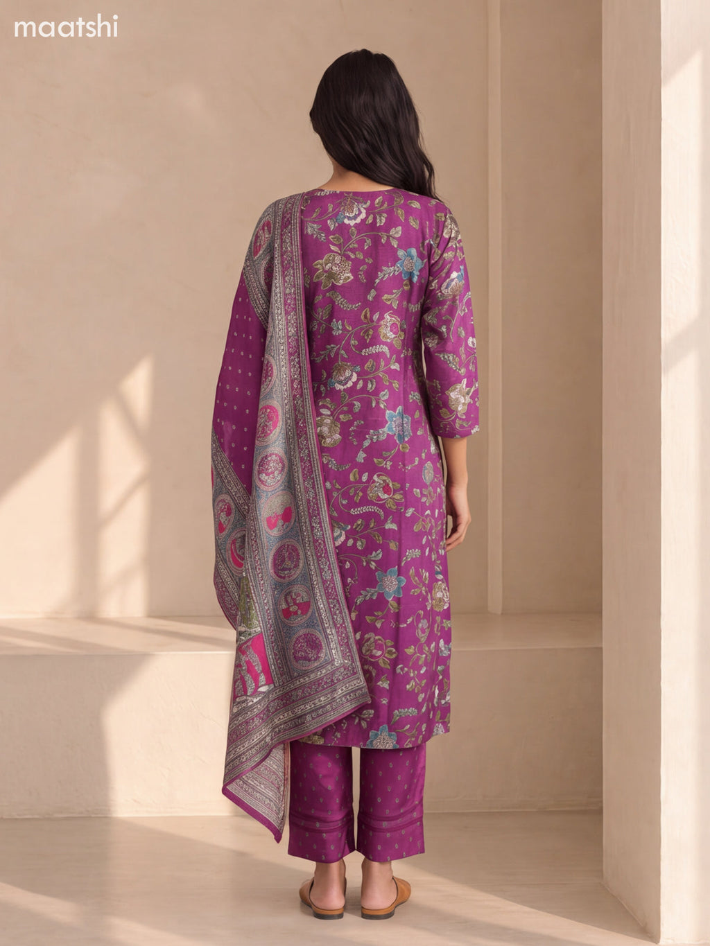 Purple Muslin Allover Floral Prints & Embroidery Work Straight Suit