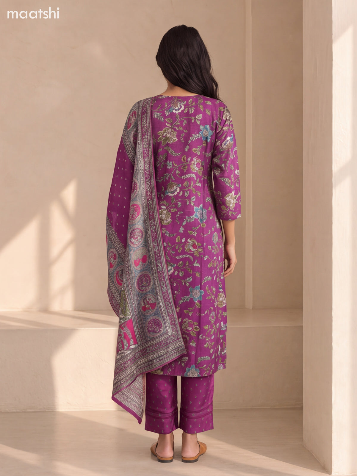 Purple Muslin Allover Floral Prints & Embroidery Work Straight Suit