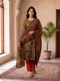 Mehendi Green and Rustic Orange Muslin Floral Prints & Embroidery Work Straight Suit