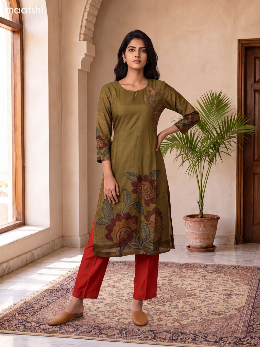 Mehendi Green and Rustic Orange Muslin Floral Prints & Embroidery Work Straight Suit