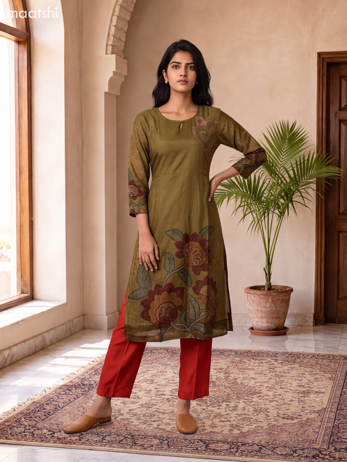 Mehendi Green and Rustic Orange Muslin Floral Prints & Embroidery Work Straight Suit