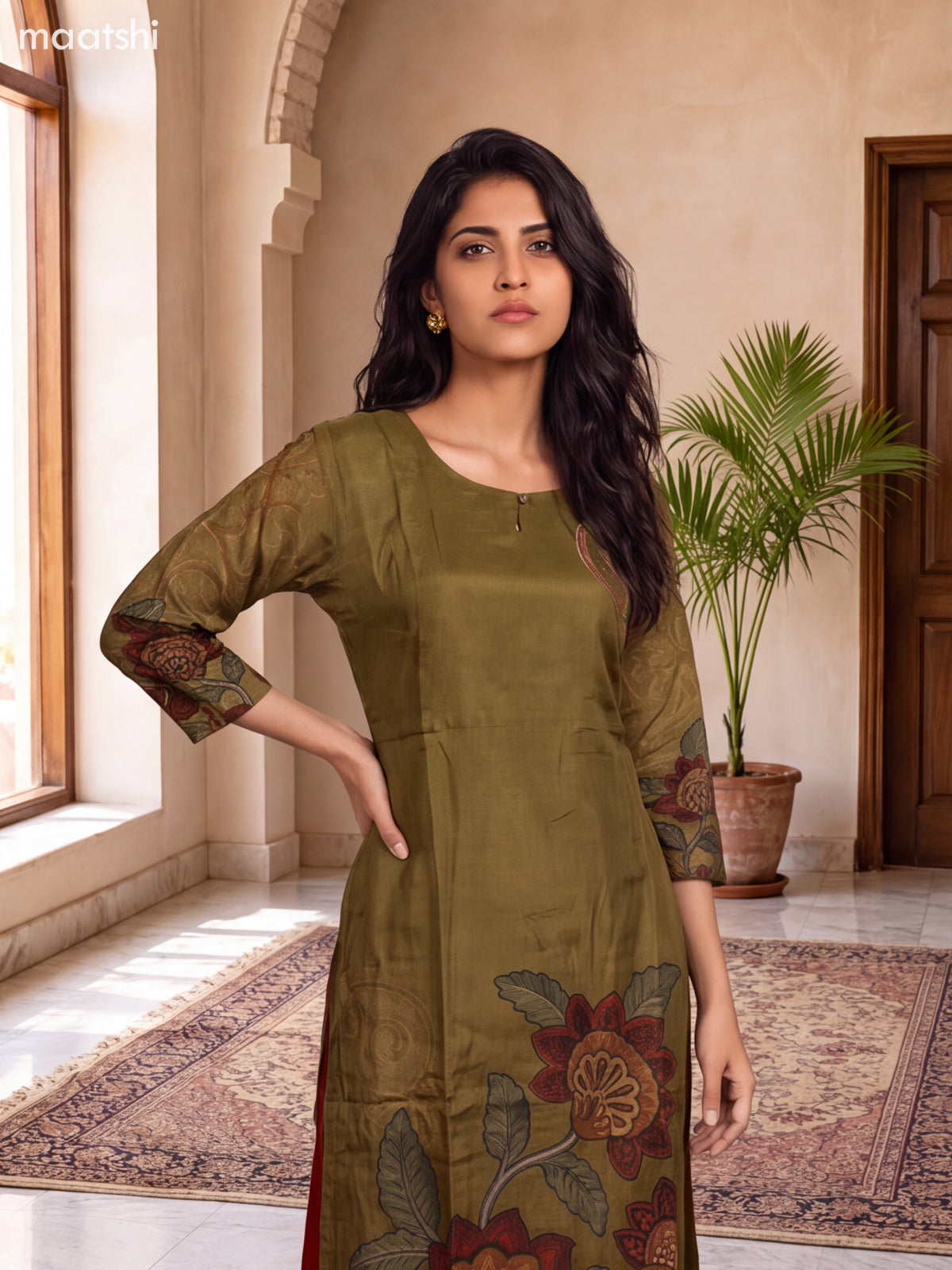 Mehendi Green and Rustic Orange Muslin Floral Prints & Embroidery Work Straight Suit