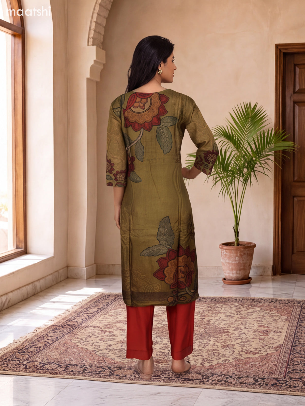 Mehendi Green and Rustic Orange Muslin Floral Prints & Embroidery Work Straight Suit