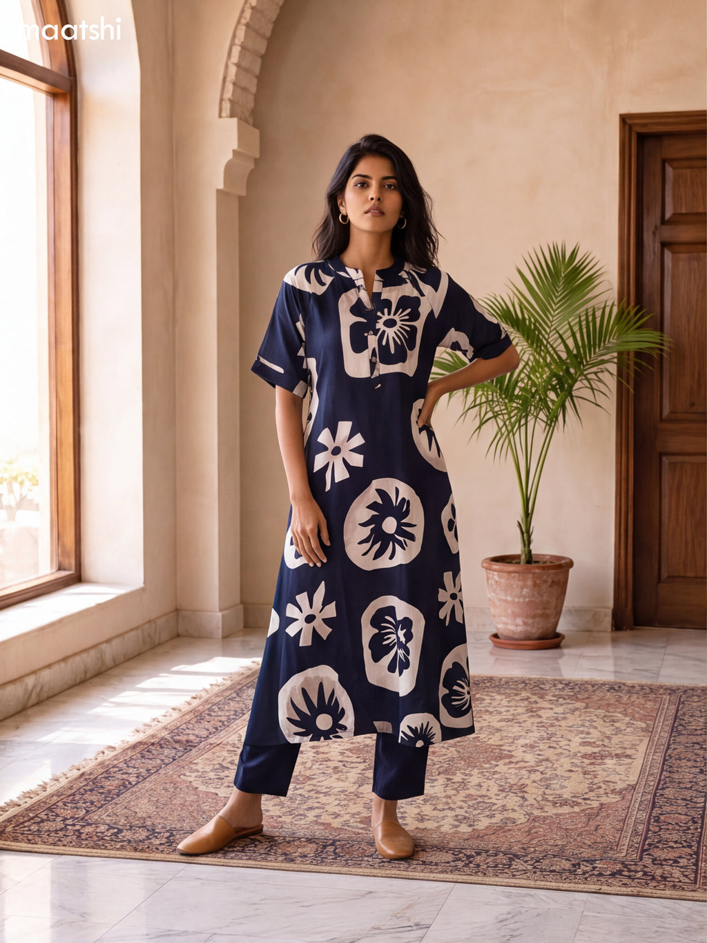 Peacock Blue and Off White Muslin Bold Floral Printed Kurti Set