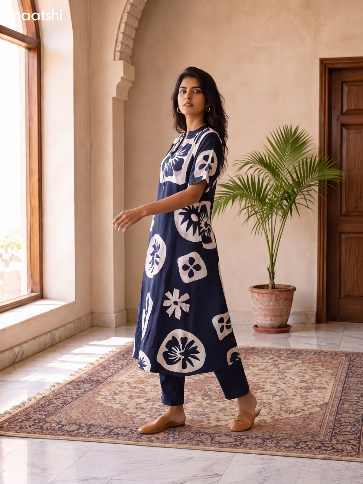 Peacock Blue and Off White Muslin Bold Floral Printed Kurti Set