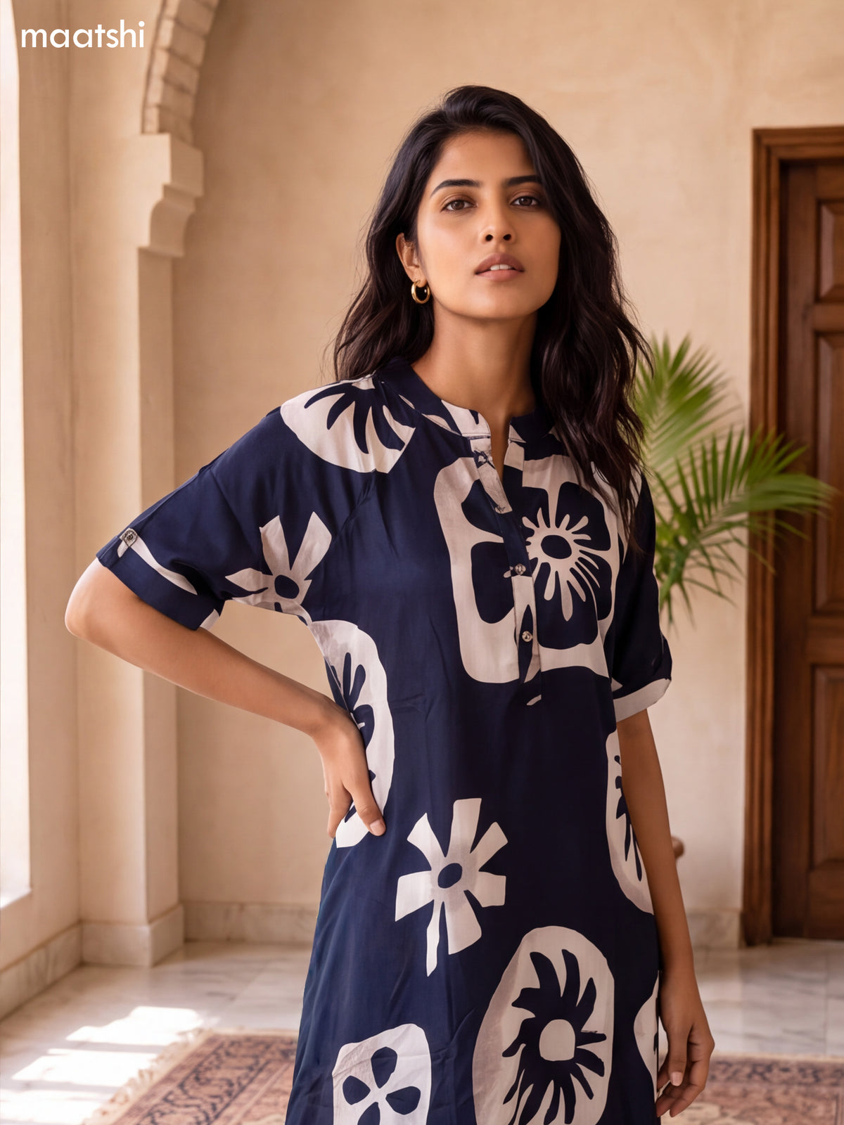 Peacock Blue and Off White Muslin Bold Floral Printed Kurti Set