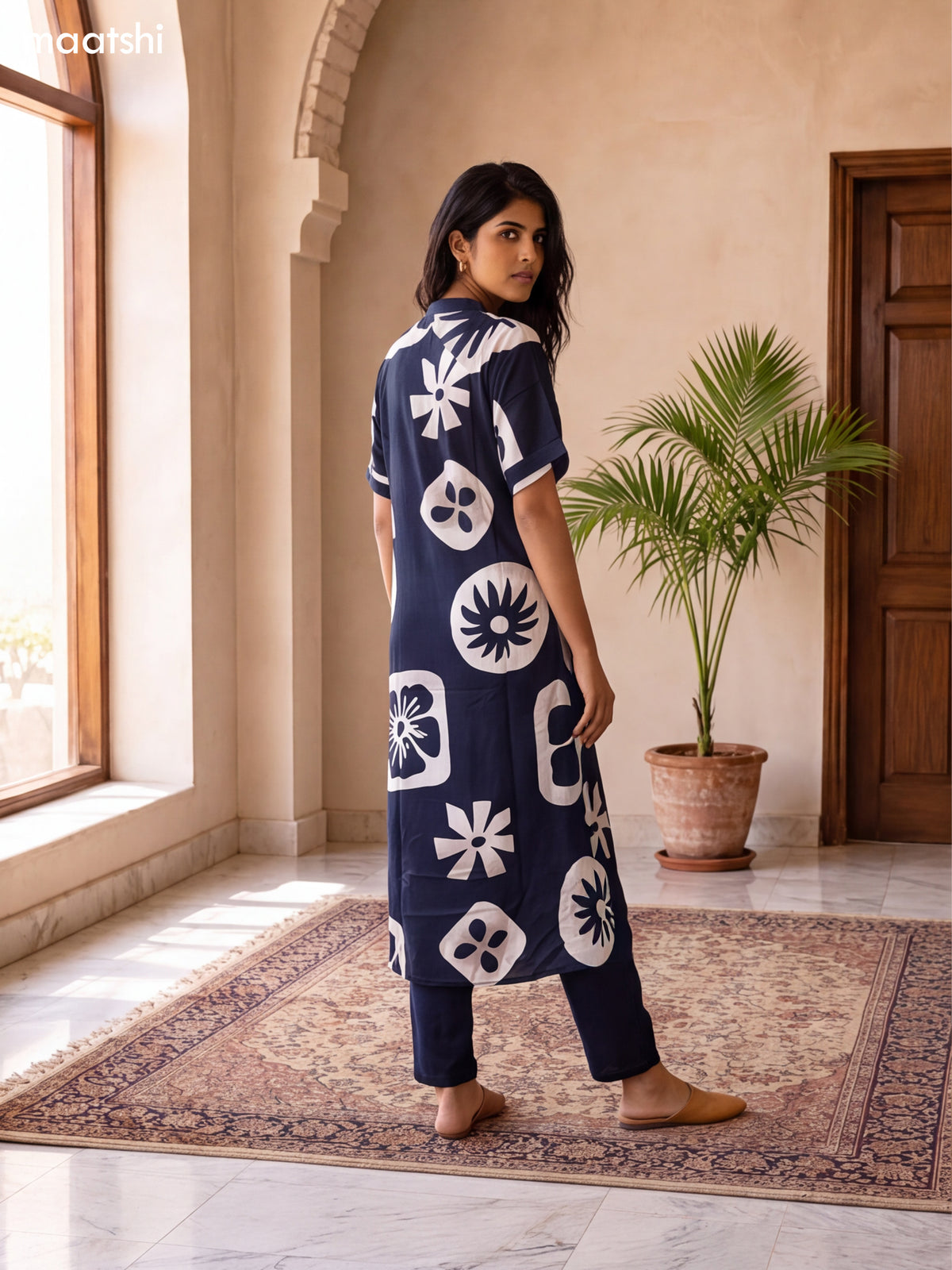 Peacock Blue and Off White Muslin Bold Floral Printed Kurti Set