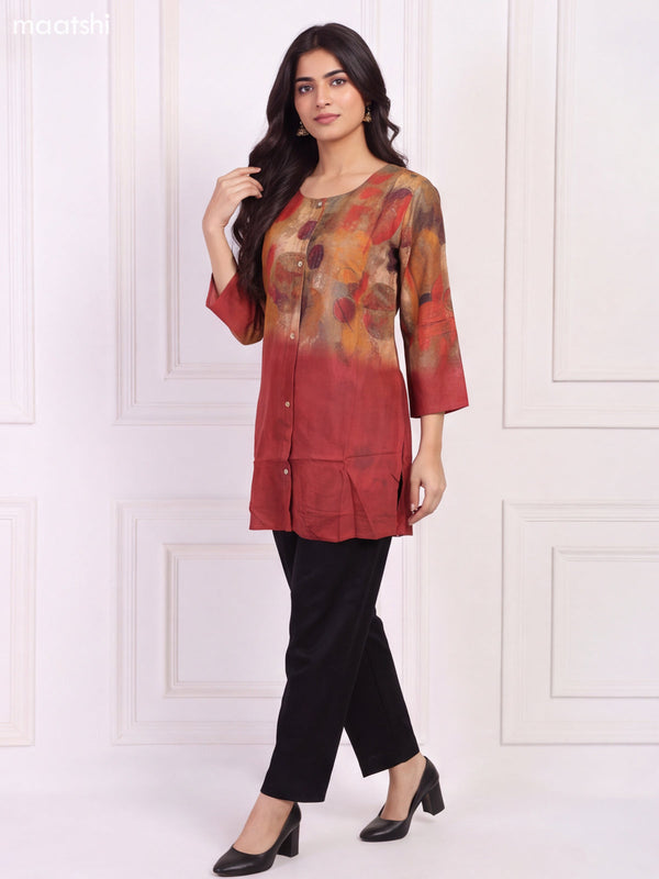 Maroon and Multi Colour Muslin Printed Short Kurti