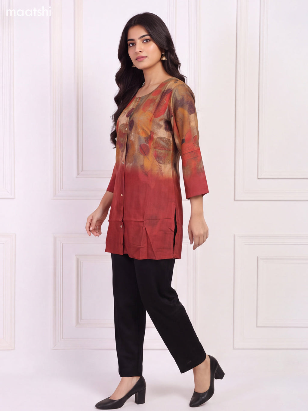Maroon and Multi Colour Muslin Printed Short Kurti