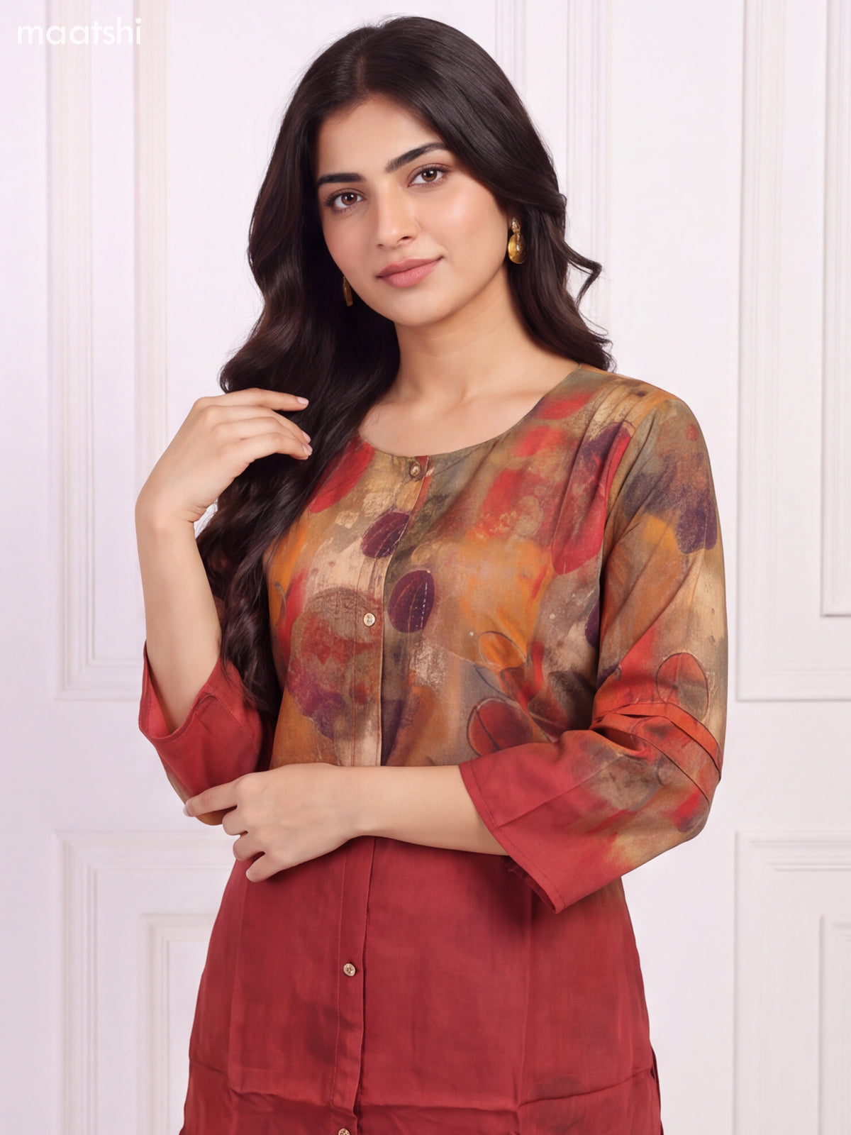 Maroon and Multi Colour Muslin Printed Short Kurti