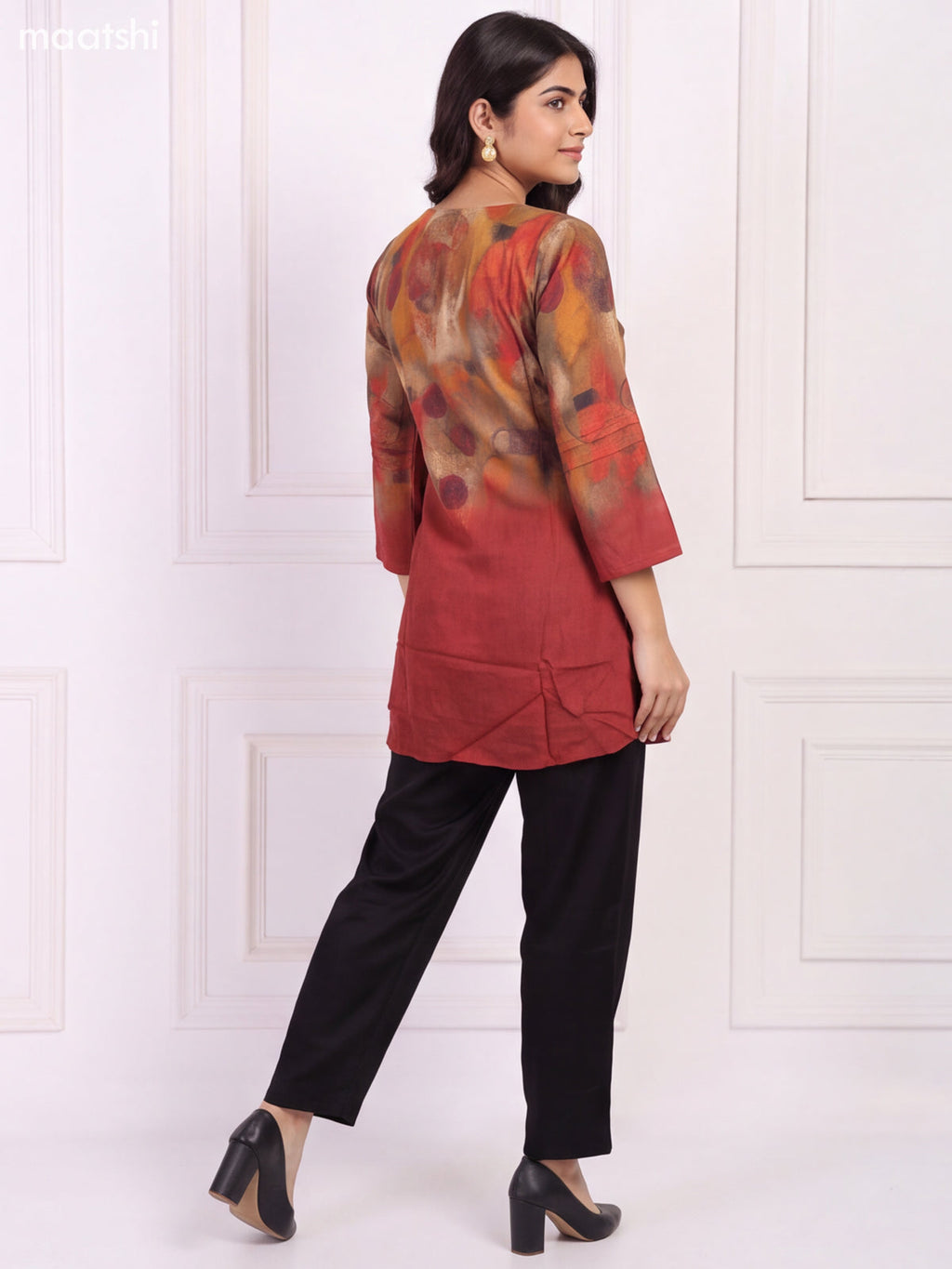 Maroon and Multi Colour Muslin Printed Short Kurti