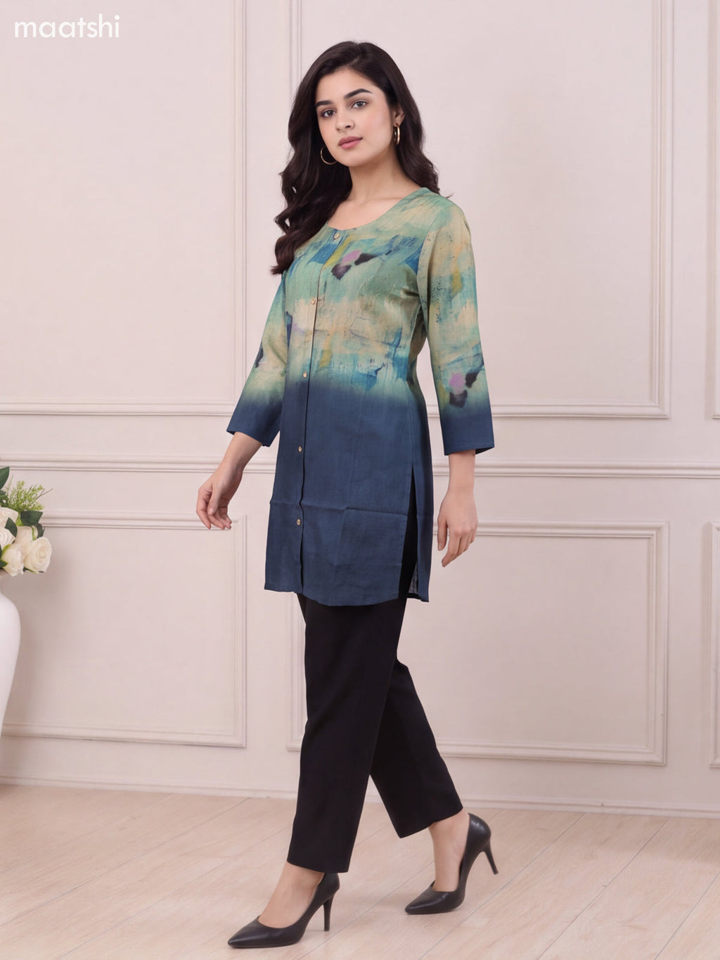 Peacock Green and Multi Colour Muslin Printed Short Kurti