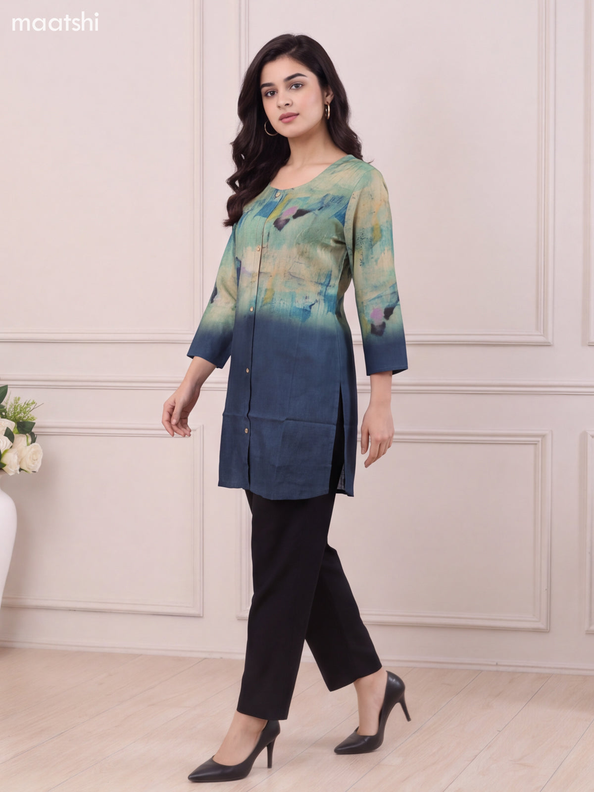 Peacock Green and Multi Colour Muslin Printed Short Kurti