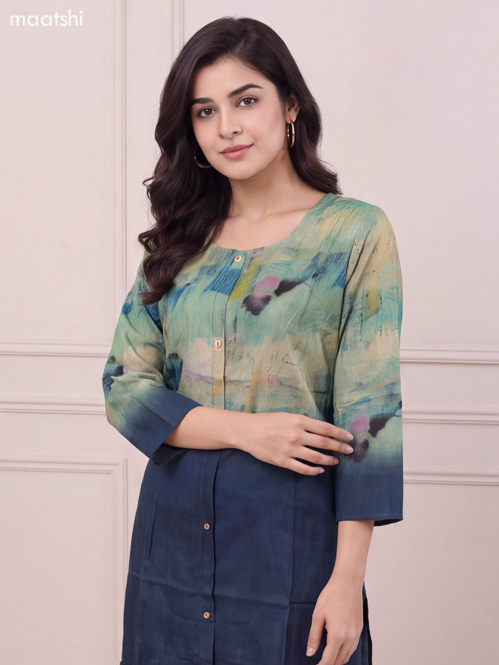 Peacock Green and Multi Colour Muslin Printed Short Kurti