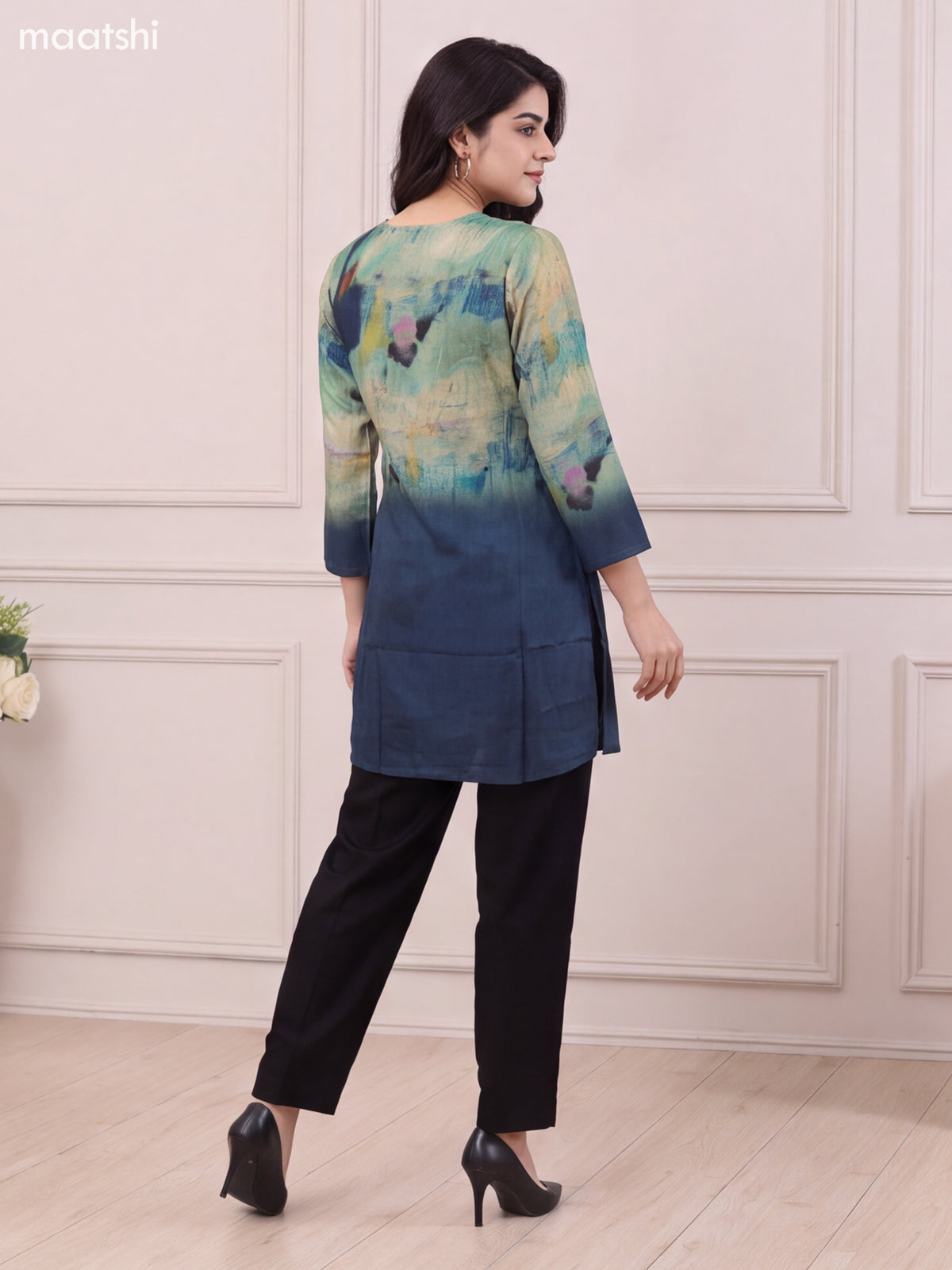 Peacock Green and Multi Colour Muslin Printed Short Kurti