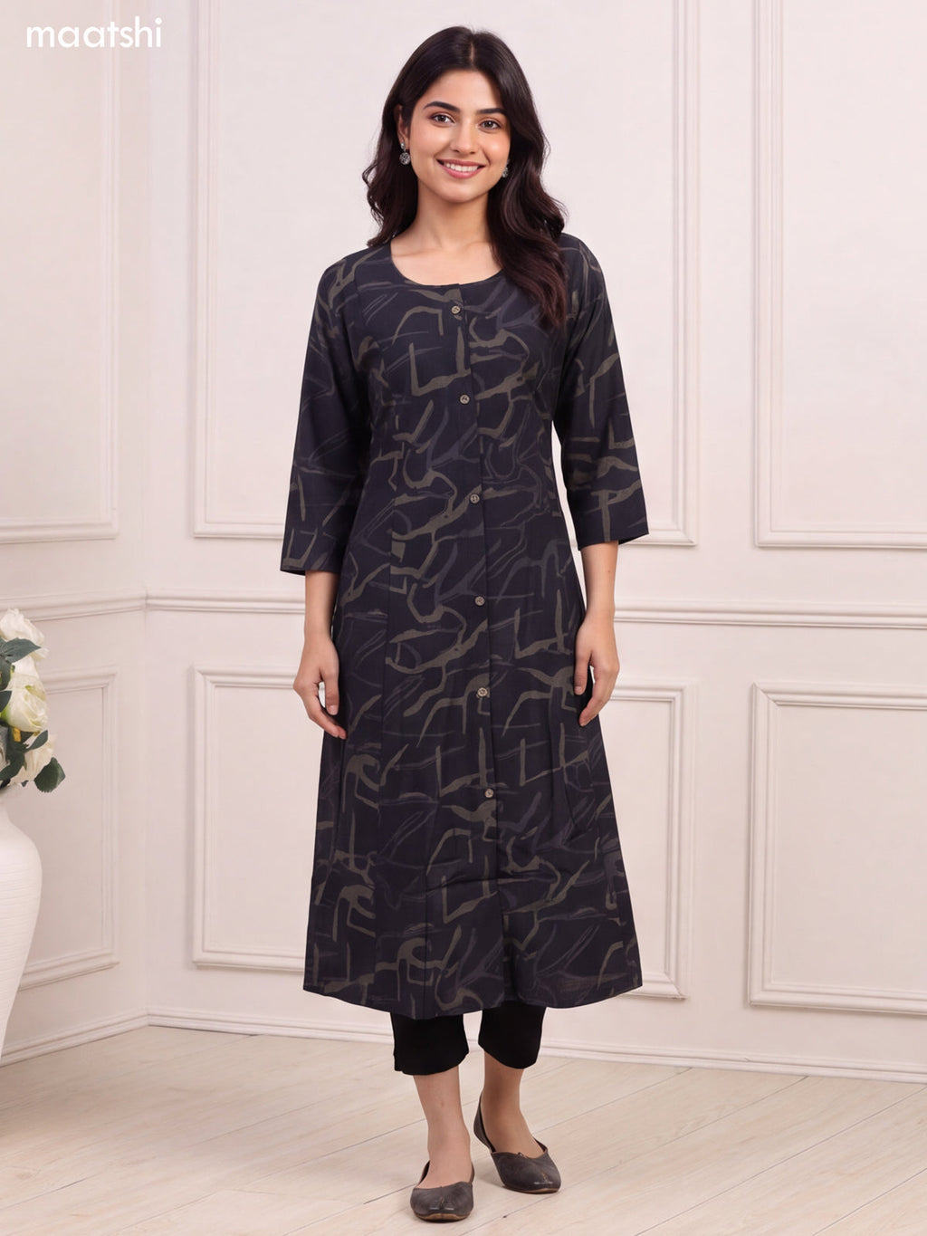 Black and Sap Green Art Silk Printed Straight Kurti