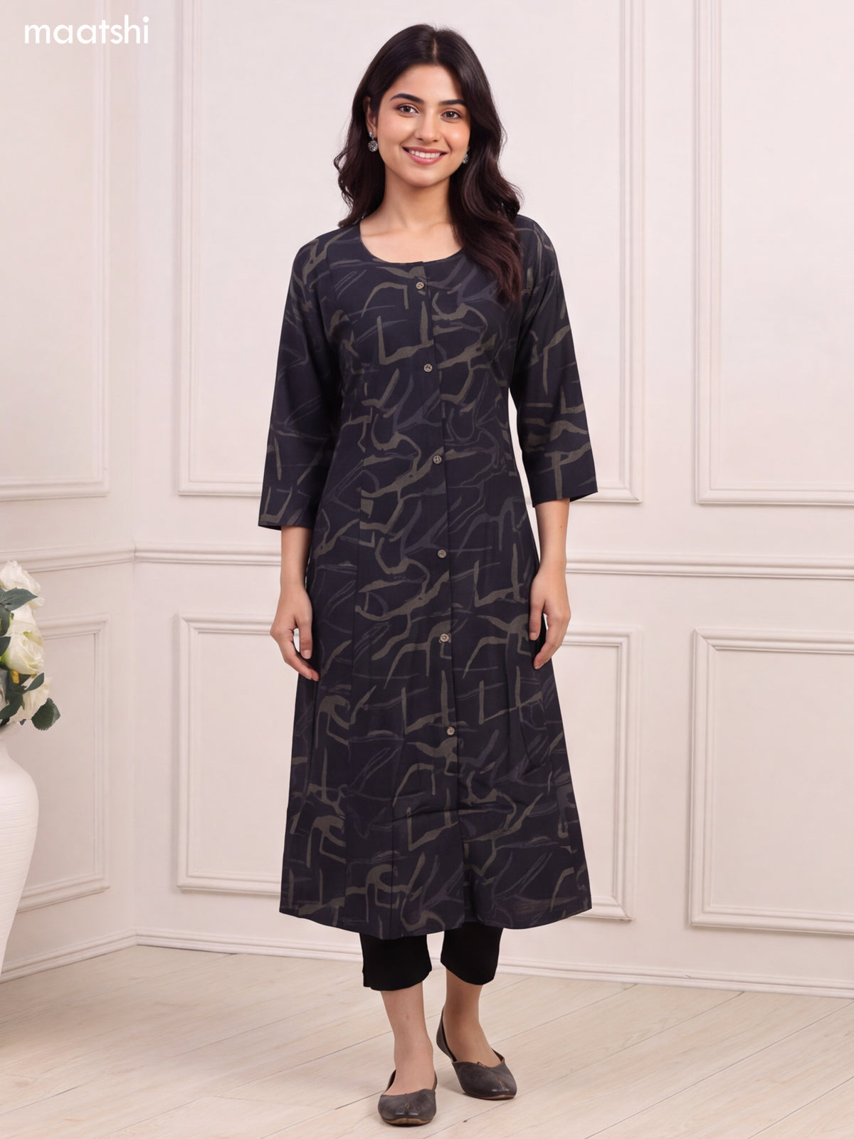 Black and Sap Green Art Silk Printed Straight Kurti