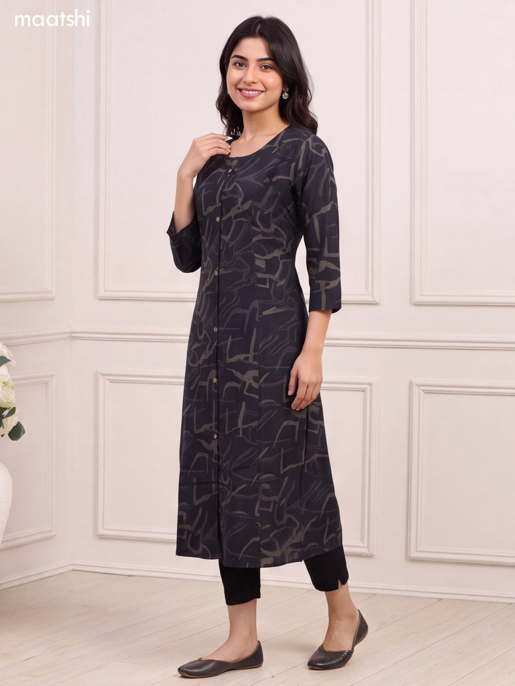 Black and Sap Green Art Silk Printed Straight Kurti