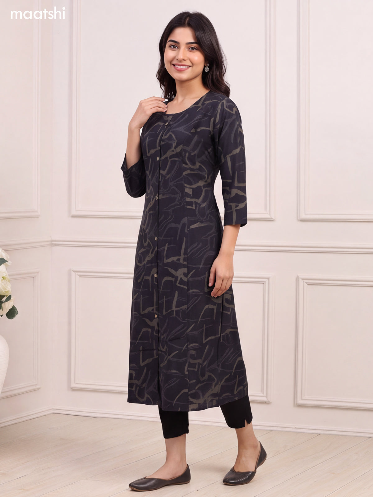 Black and Sap Green Art Silk Printed Straight Kurti