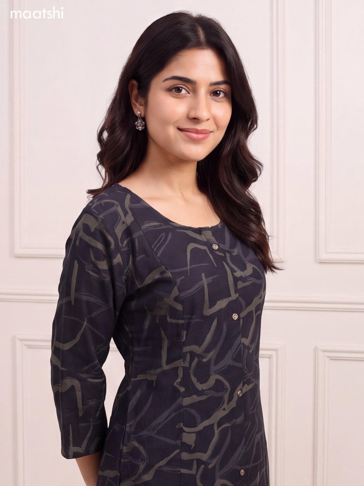 Black and Sap Green Art Silk Printed Straight Kurti