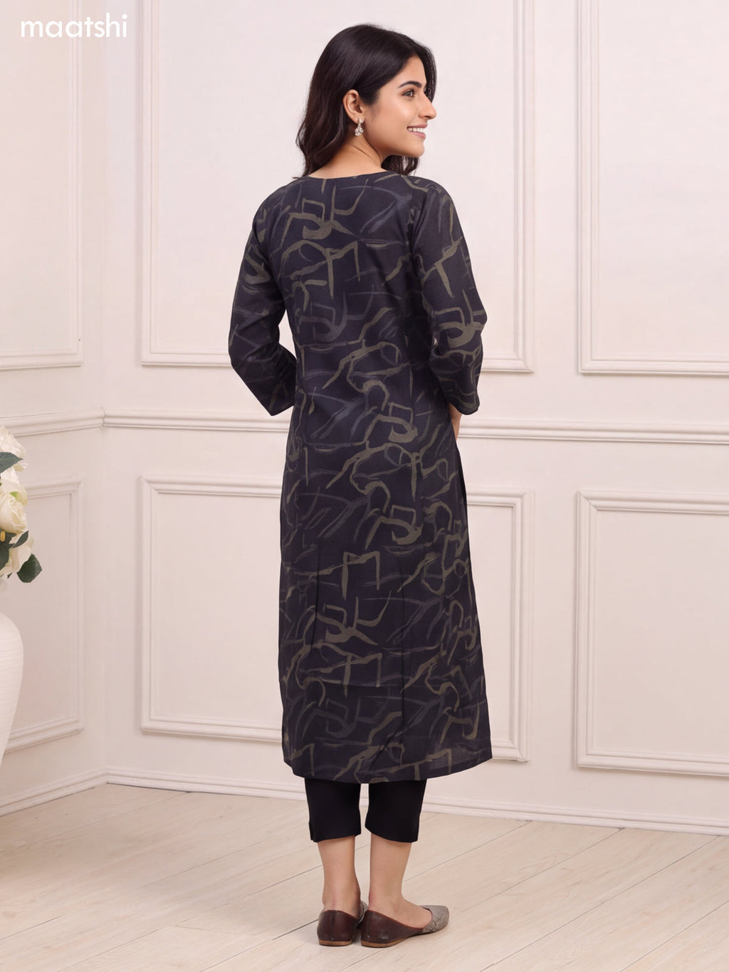 Black and Sap Green Art Silk Printed Straight Kurti