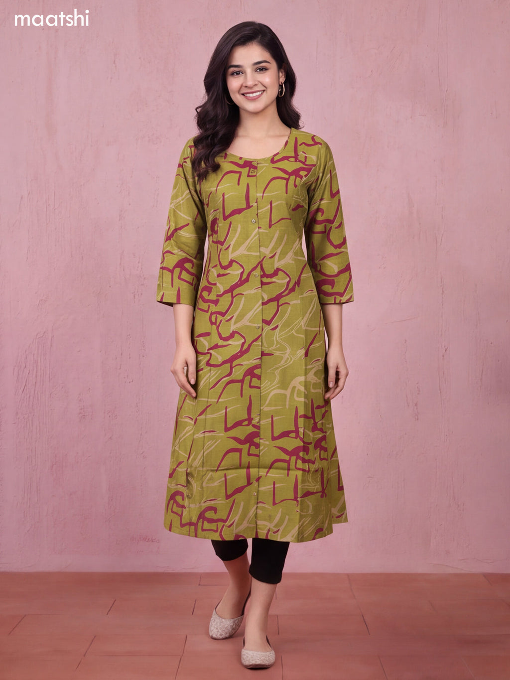 Mehendi Green and Maroon Art Silk Printed Straight Kurti