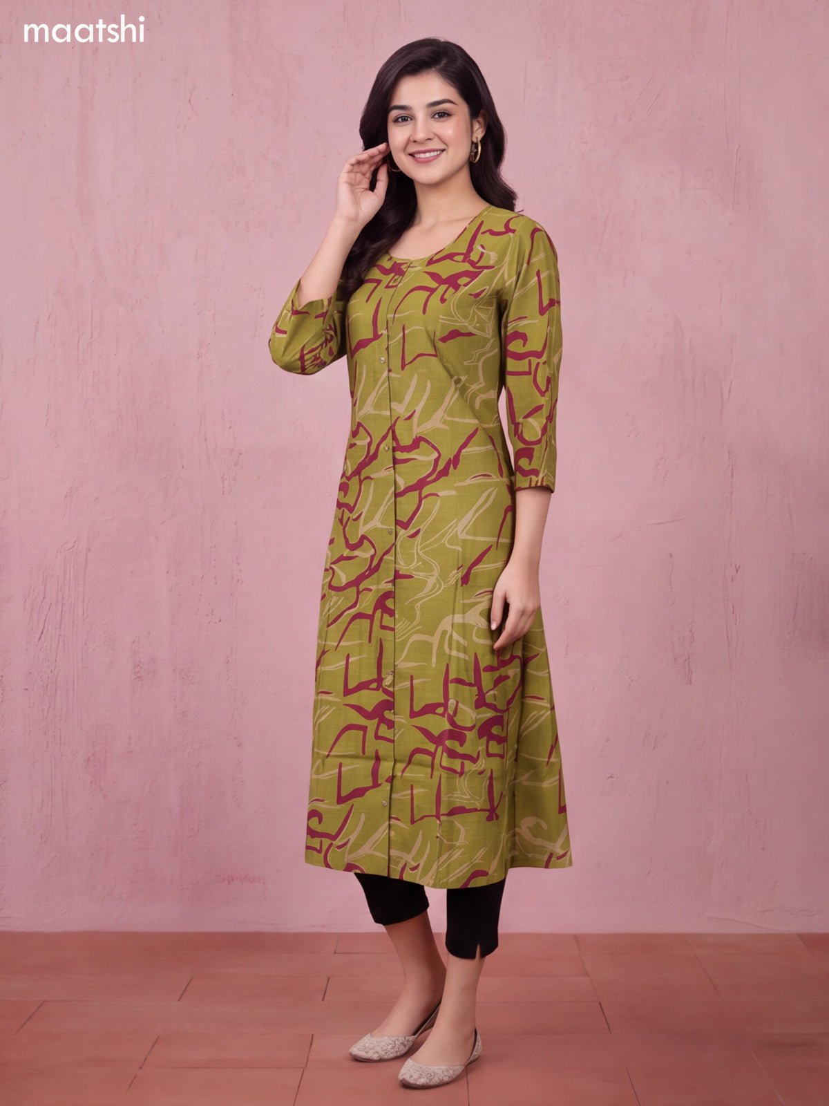 Mehendi Green and Maroon Art Silk Printed Straight Kurti