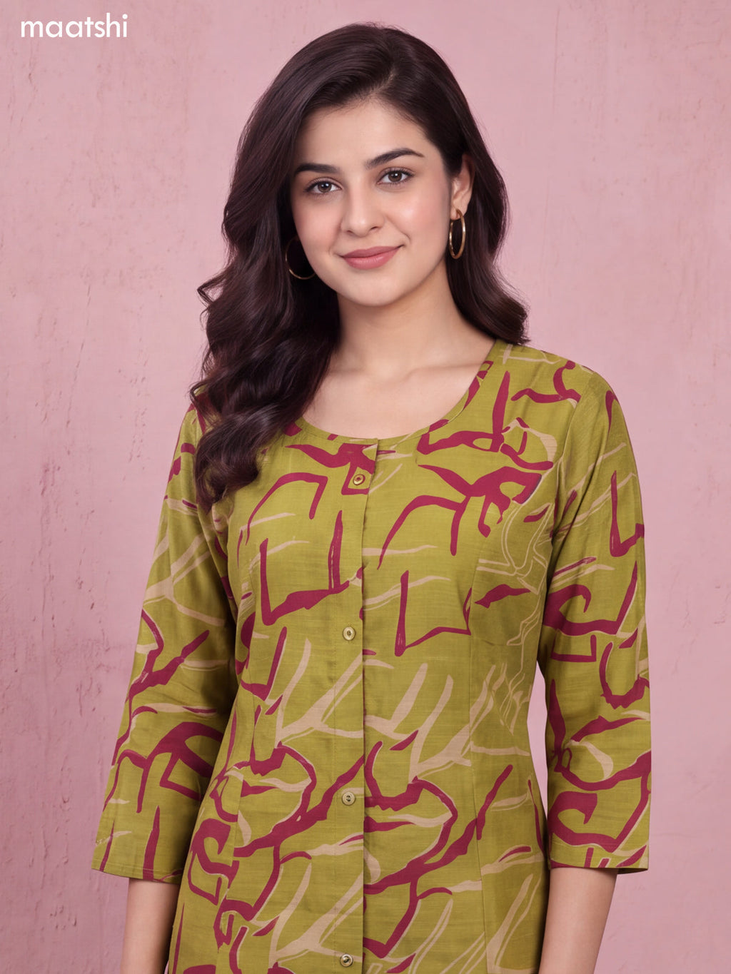 Mehendi Green and Maroon Art Silk Printed Straight Kurti