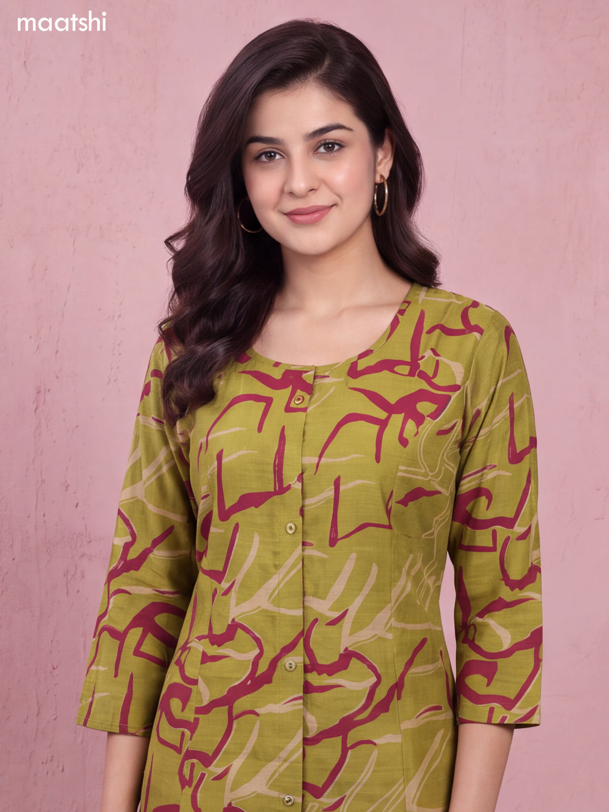 Mehendi Green and Maroon Art Silk Printed Straight Kurti