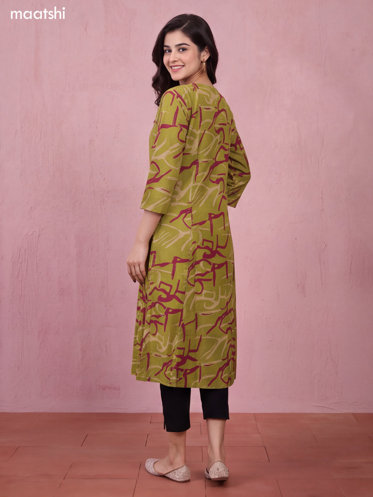 Mehendi Green and Maroon Art Silk Printed Straight Kurti