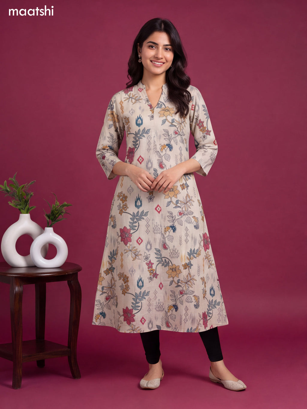 Biege Modal Floral Printed & Embroidery Work A-Line Kurti