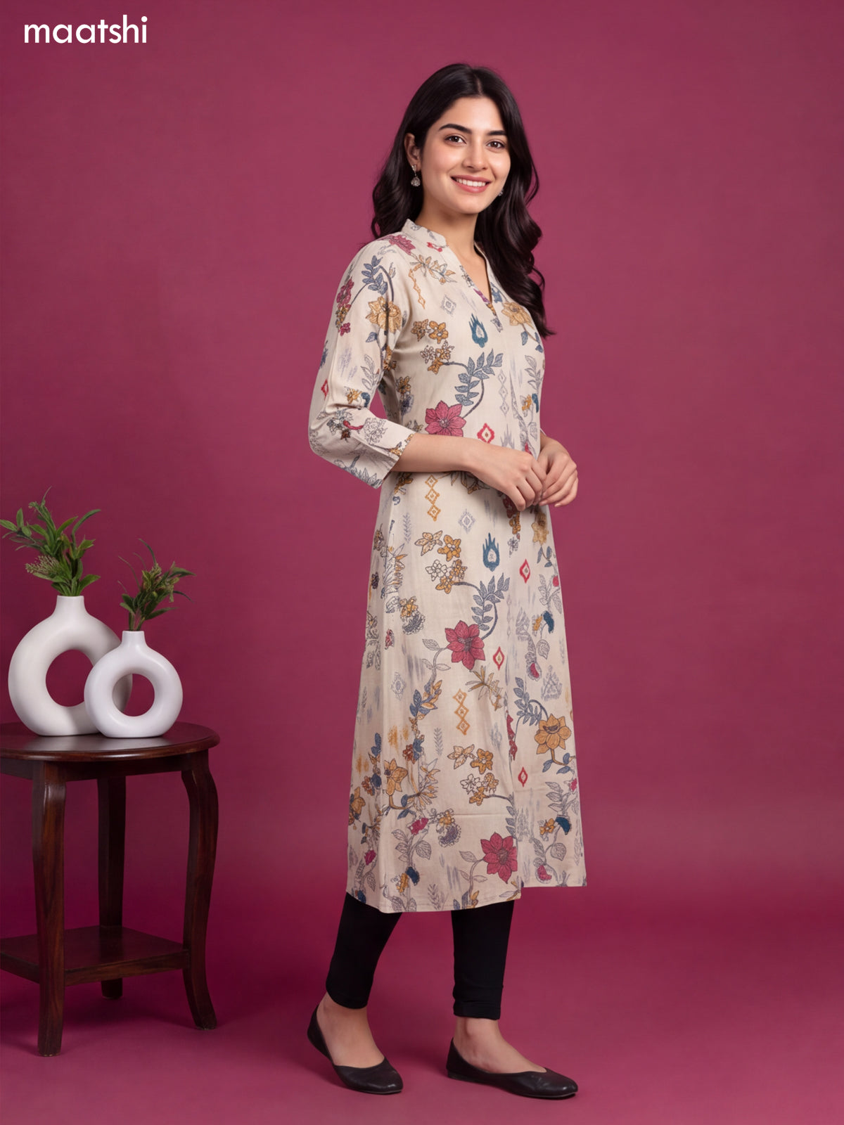 Biege Modal Floral Printed & Embroidery Work A-Line Kurti